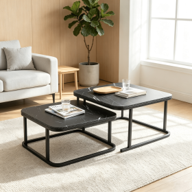 Nesting Coffee Table Set of 2 Faux Marble Top Metal Frame Living Room End Table Multi-functional Home Decor