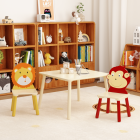 Kids Table and 2 Chairs Set, 3 Pieces Toddler Table and Chair Set, Wooden Activity Play Table Set (Lion&Monkey)-Does not support self pick up